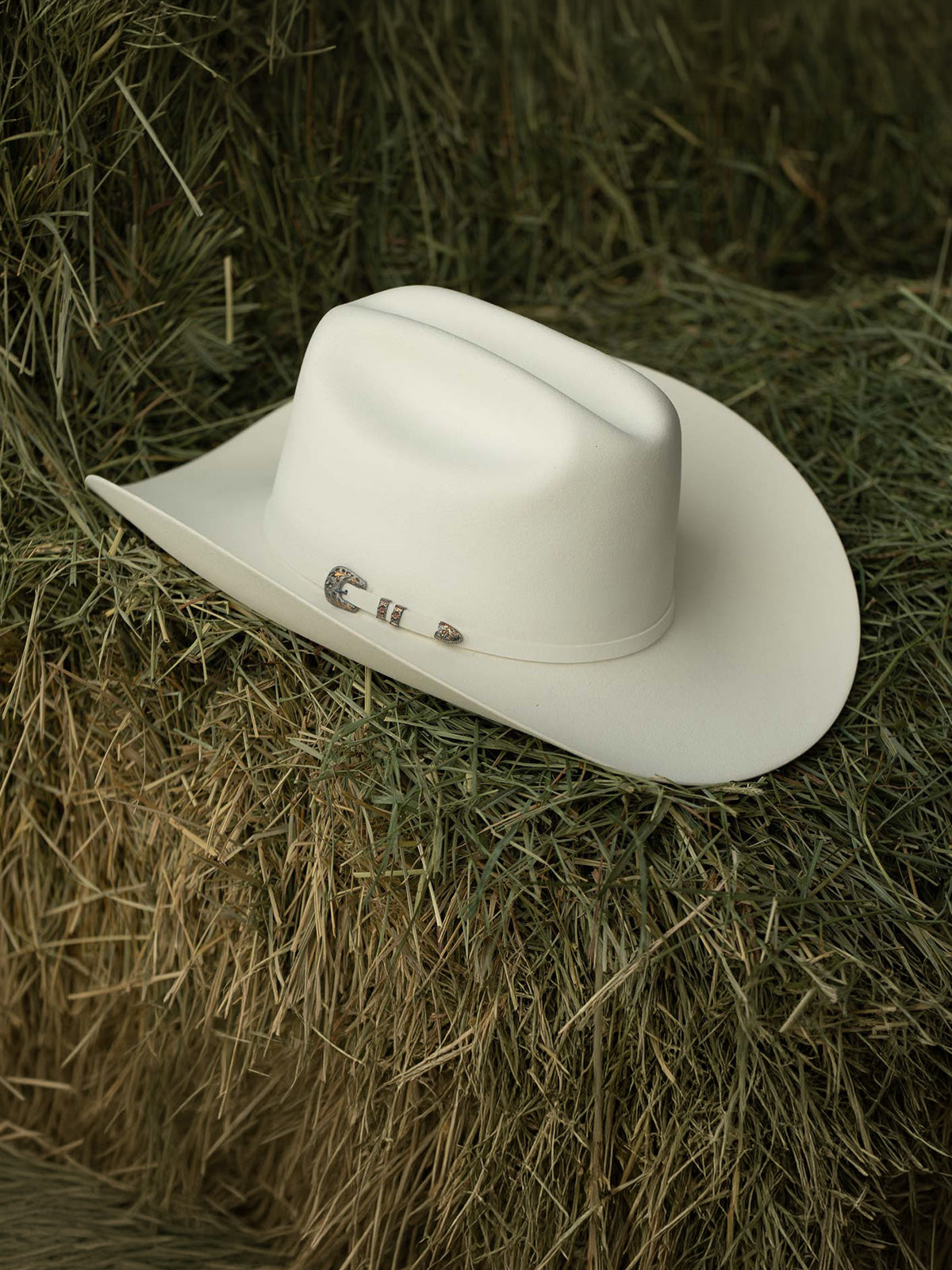 White cowboy hat resting on a green and yellow hay bale
