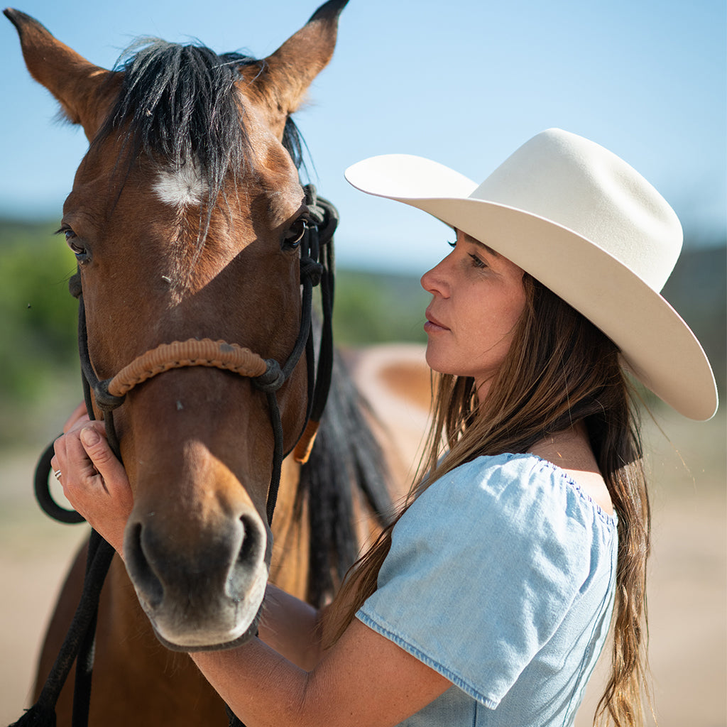 A woman in a belly colored cowboy hat and light blue top gently holds a brown horse outdoors under a clear blue sky.