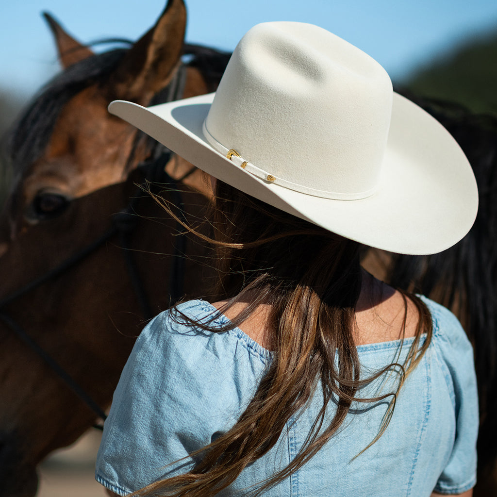 A woman seen from behind wearing a belly colored cowboy hat with a small gold accent and a light blue top, standing outdoors next to a brown horse.