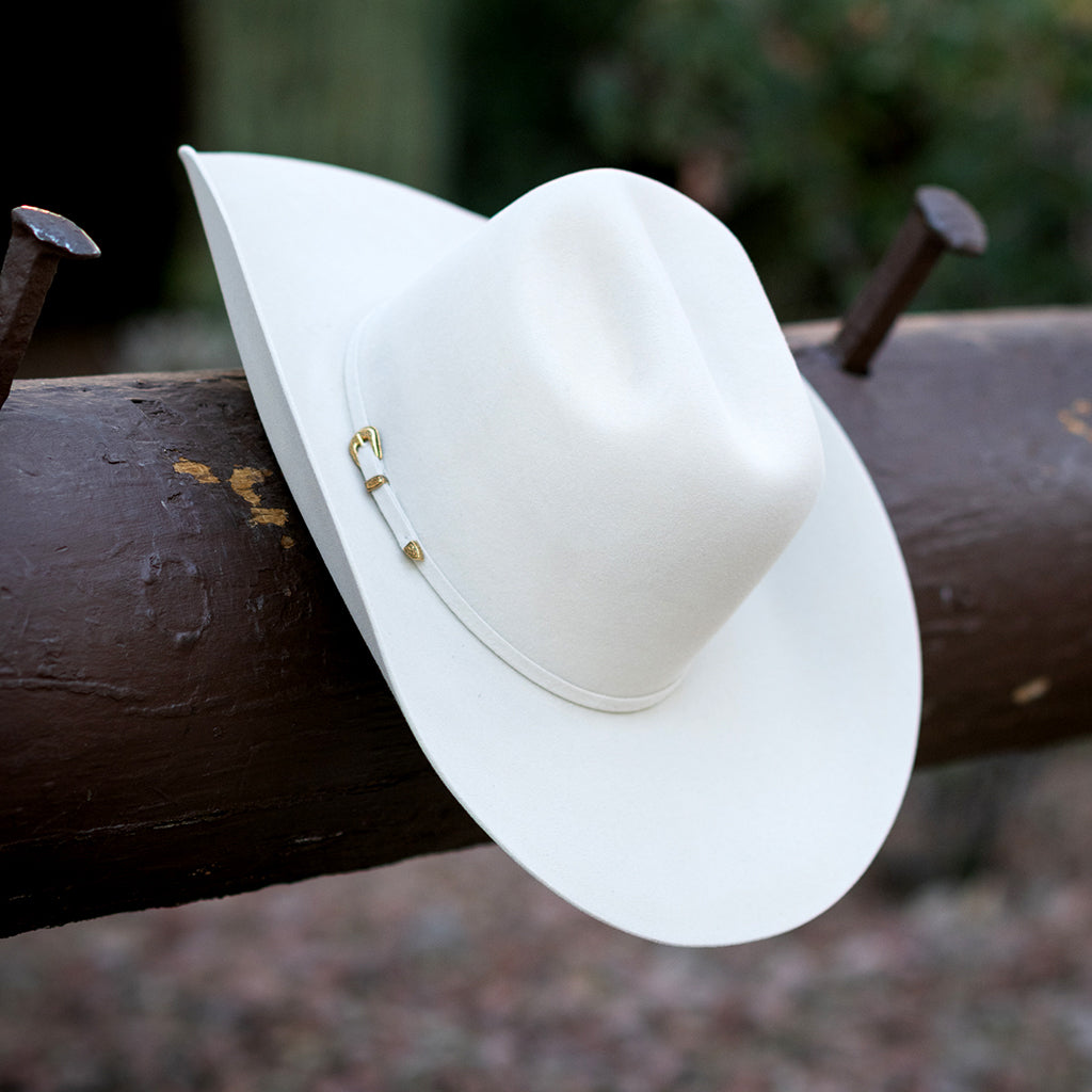 A belly colored cowboy hat with a small gold buckle detail, resting on a dark brown wooden log outdoors.