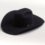 A black felt cowboy hat with a small gold buckle detail on the band, photographed on a clean light gray background