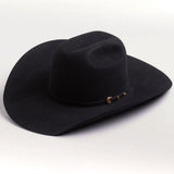 A black felt cowboy hat with a small gold buckle detail on the band, photographed on a clean light gray background