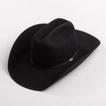 A black felt cowboy hat with a curved brim and a small gold brand plaque on the band, photographed on a light gray background