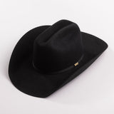 A black felt cowboy hat with a curved brim and a small gold brand plaque on the band, photographed on a light gray background