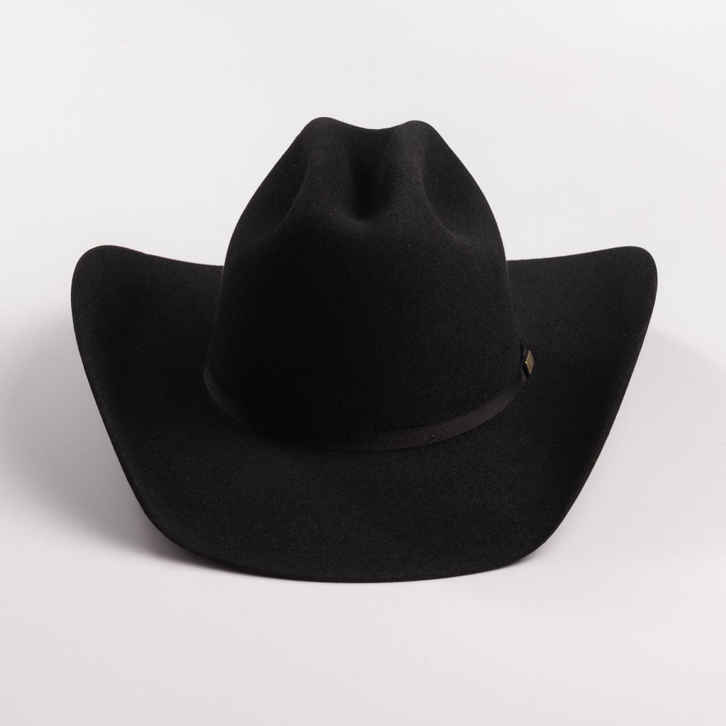 A black felt cowboy hat with a curved brim and a small gold brand plaque on the band, photographed on a light gray background