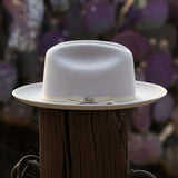 A belly colored felt cowboy hat with a matching band and bow, displayed on a dark wooden post with a blurred purple cactus garden in the background.