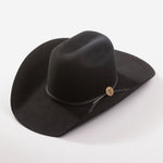 A black felt cowboy hat with a wide brim, a black ribbon band, and a small round gold button accent, photographed on a clean light gray background