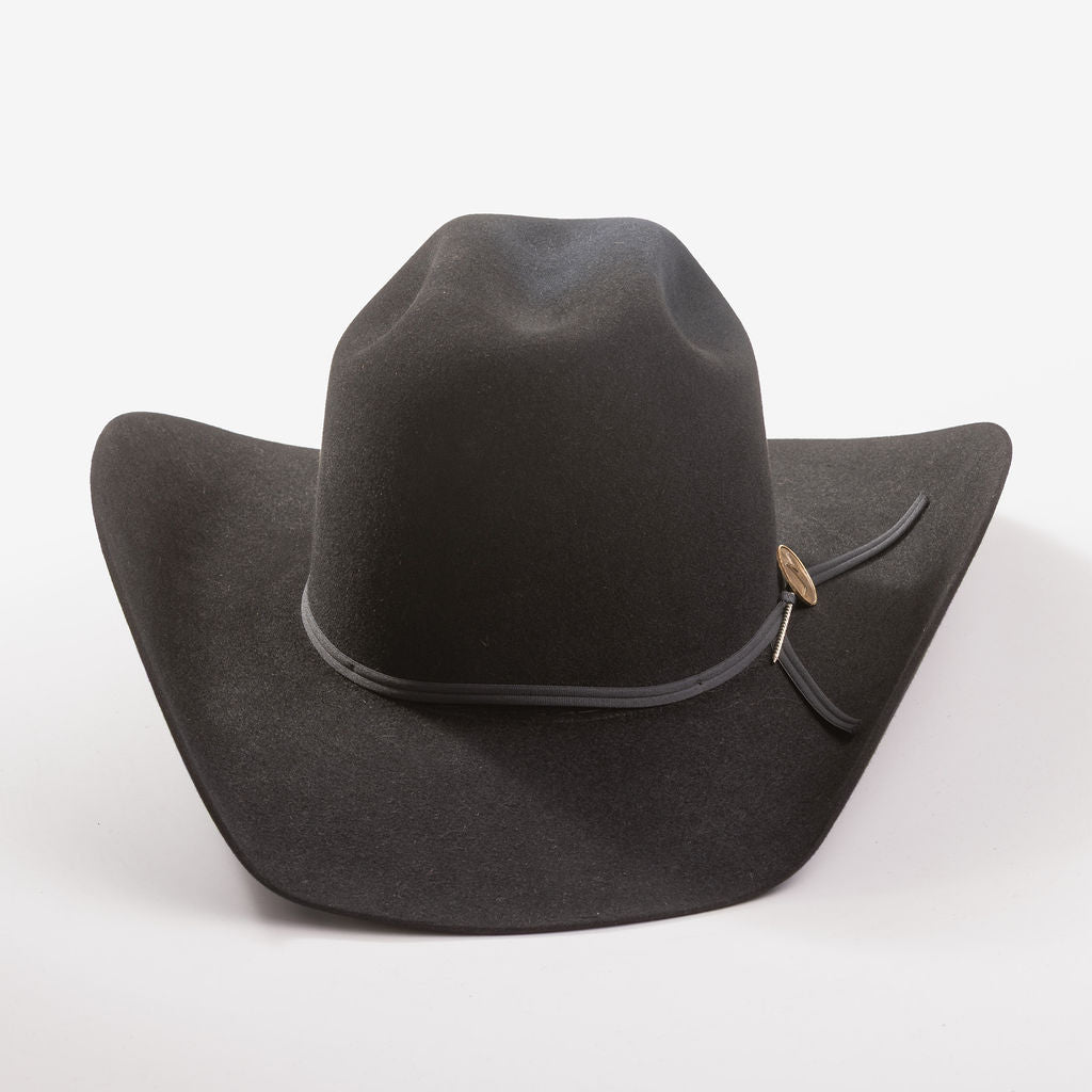 A black felt cowboy hat with a wide brim, a black ribbon band, and a small round gold button accent, photographed on a clean light gray background
