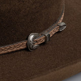 3X Stockman brown cowboy hat close up left-side angle