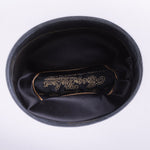 30X El Rey white cowboy hat closeup of the underside with black interior, gold trim and lettering