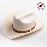 A cream-colored cowboy hat with a brown band and gold-colored decorative studs, photographed on a clean light gray background; genuine exotic trim - alligator band in red is stamped in the top right corner of the photo