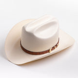 A cream-colored cowboy hat with a brown band and gold-colored decorative studs, photographed on a clean light gray background