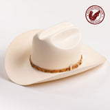 An off-white cowboy hat with a textured finish and a brown patterned band around the crown, shown against a plain white background - fish band in red is stamped in the top right corner of the photo