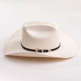 An off-white cowboy hat with a black band and silver conchos, photographed on a clean white background