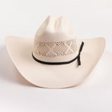 An off-white woven cowboy hat with a black ribbon band and bow, photographed against a clean white background