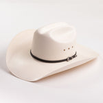 An off-white cowboy hat with a black band and silver buckle, photographed on a clean white background