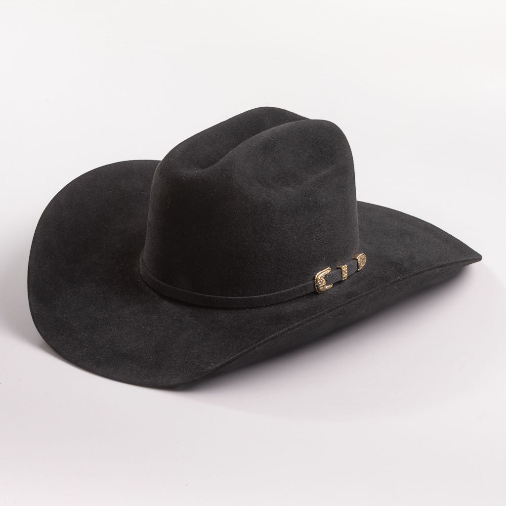 Black cowboy hat with a gold band on a gray background