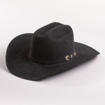 Black cowboy hat with a gold band on a gray background
