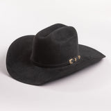 Black cowboy hat with a gold band on a gray background