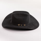 Black cowboy hat with a gold band on a gray background
