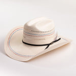 Ivory cowboy hat with red and blue stitching on a gray background