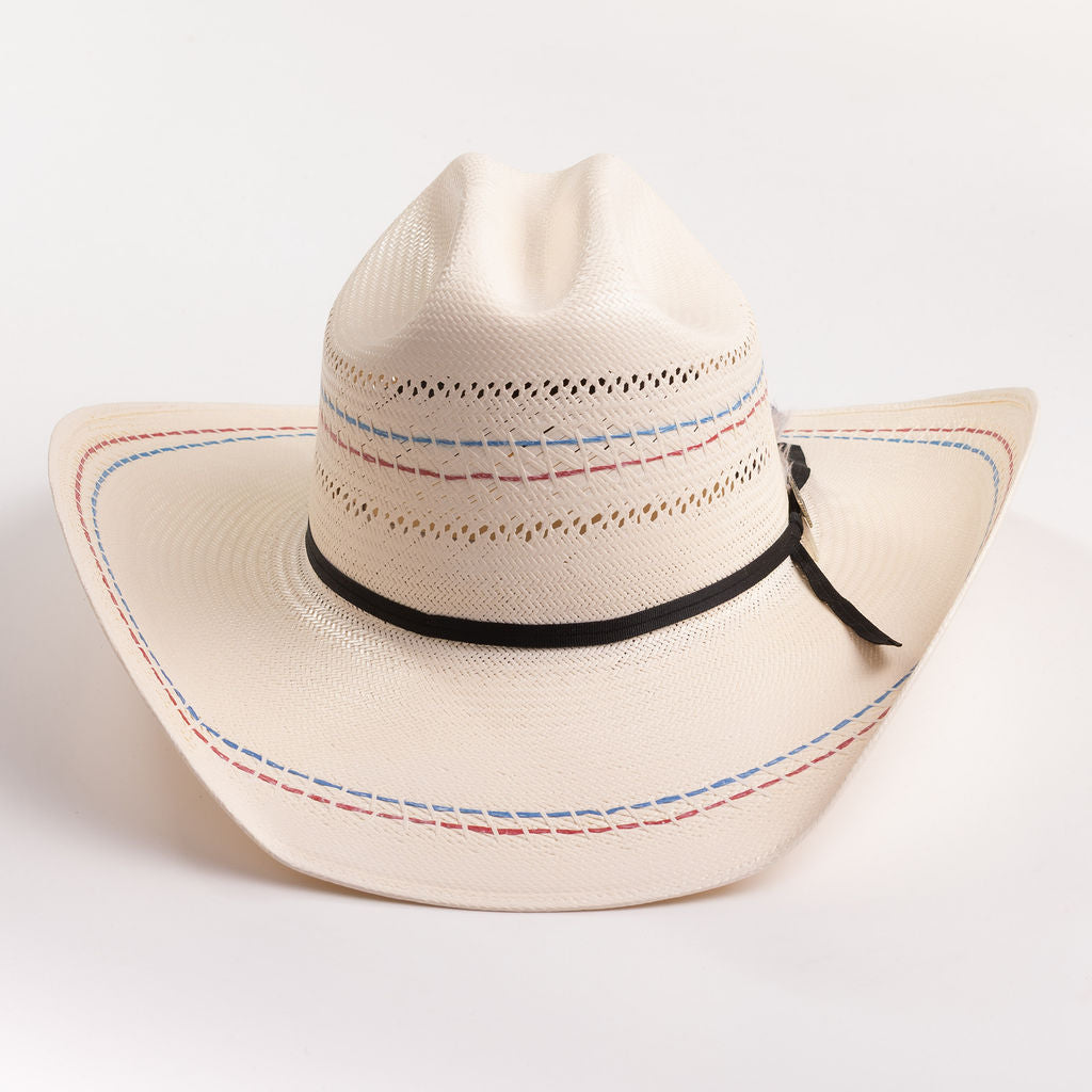 Ivory cowboy hat with red and blue stitching on a gray background
