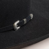 10X Douglas black cowboy hat close-up 
three-quarter angle