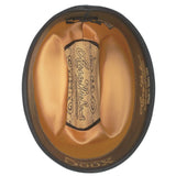 500X Superior belly cowboy hat under side with brown trim and writing with a golden-colored underside