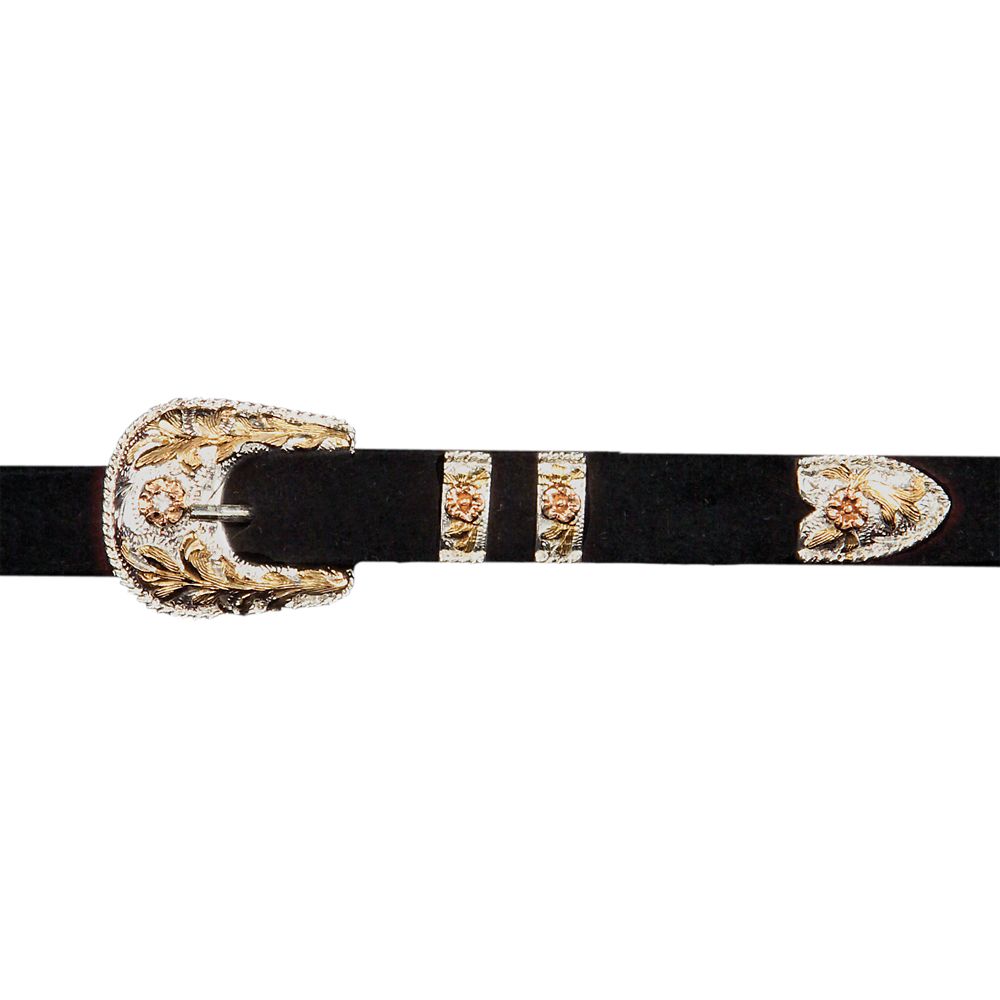 500X Superior black strap with silver buckle with gold floral patterns laid on top