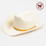 30X Corona buttercup cowboy hat three-quarter angle - ostrich band in red is stamped in the top right corner of the photo