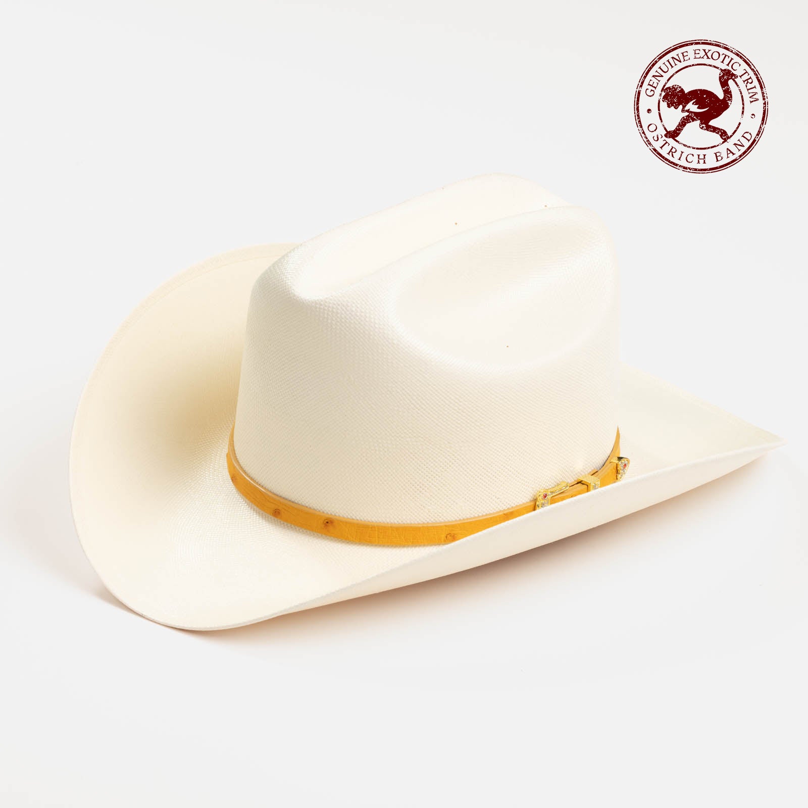 30X Corona buttercup cowboy hat three-quarter angle - ostrich band in red is stamped in the top right corner of the photo
