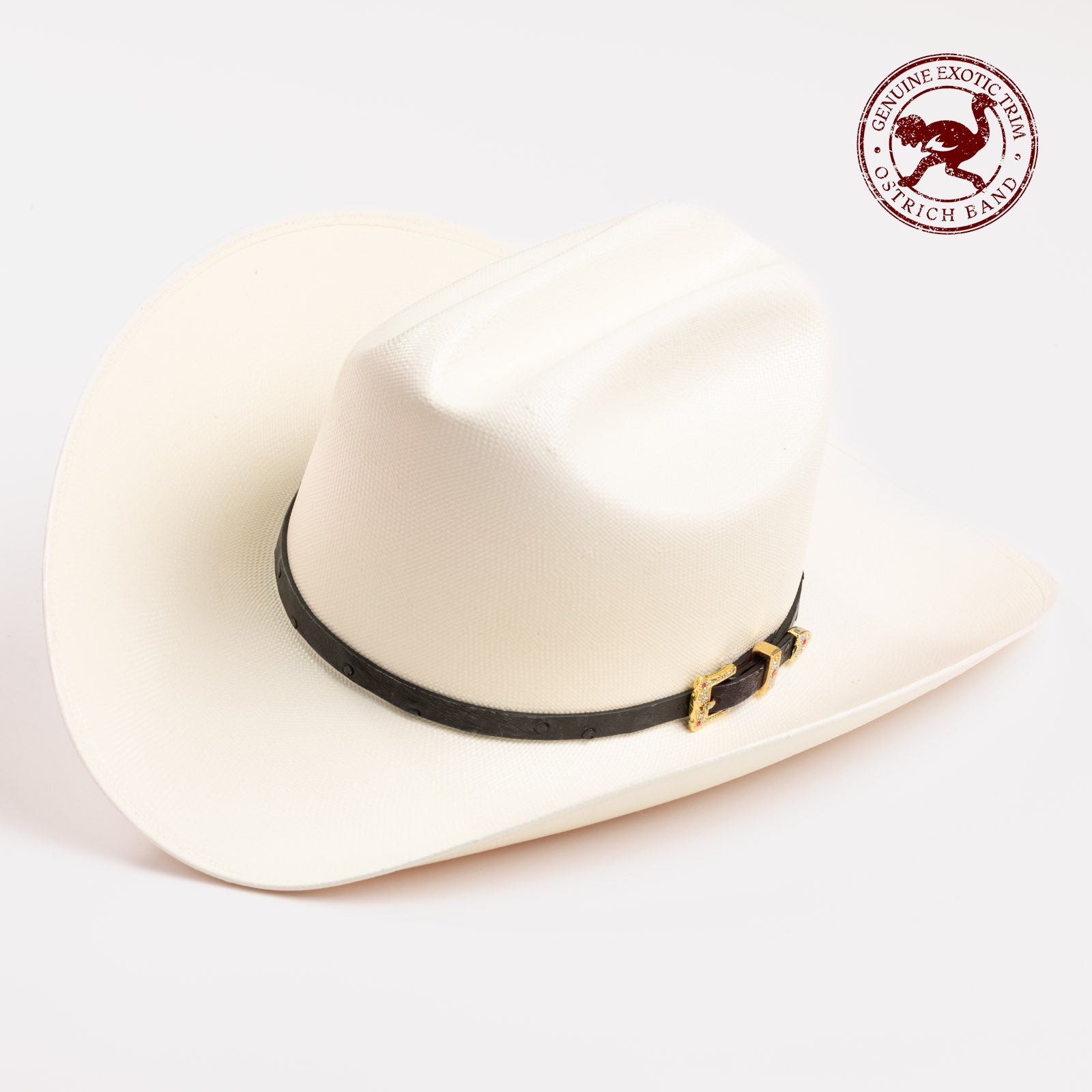 30X Corona black cowboy hat three-quarter angle - ostrich band in red is stamped in the top right corner of the photo