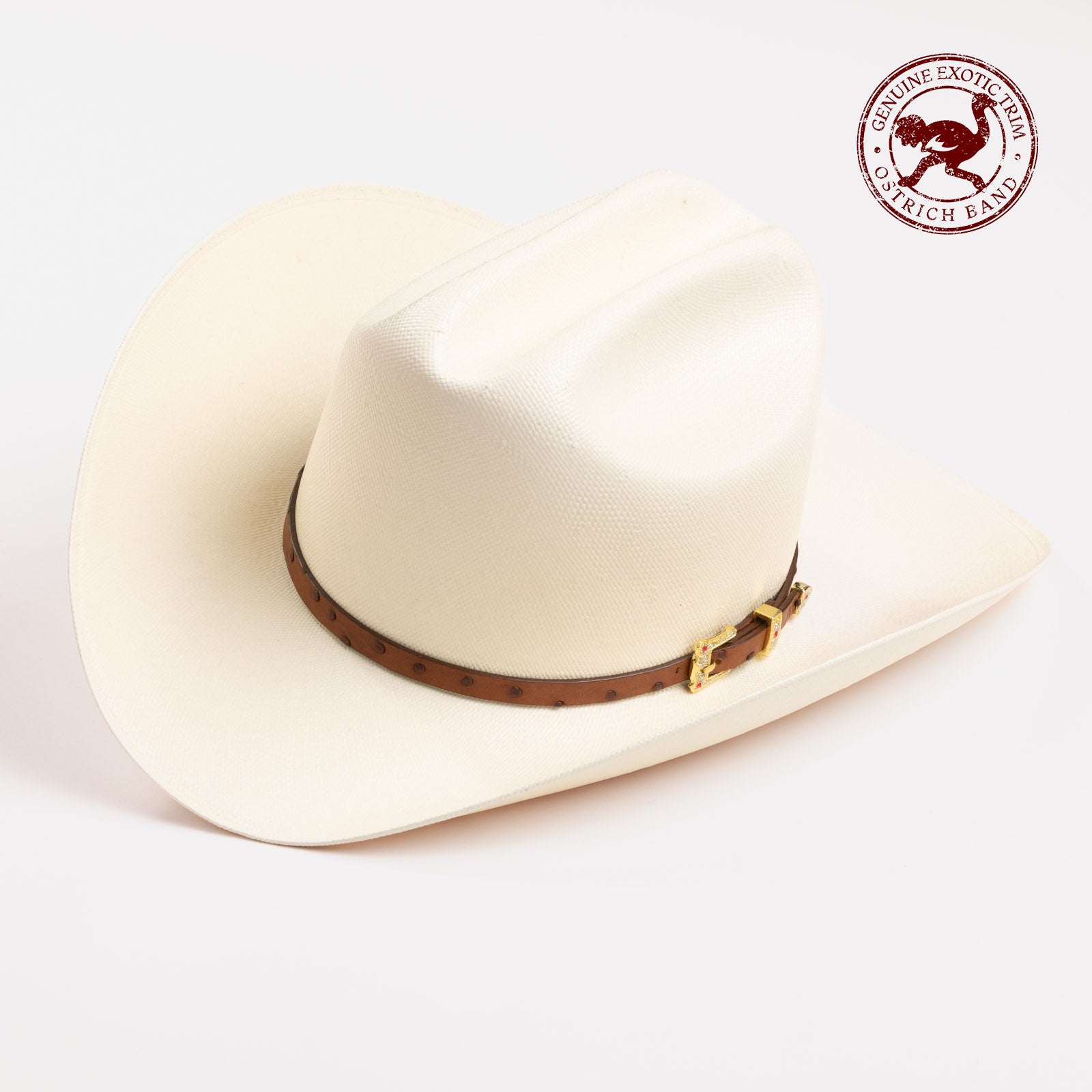 30X Corona cognac cowboy hat three-quarter angle - ostrich band in red is stamped in the top right corner of the photo