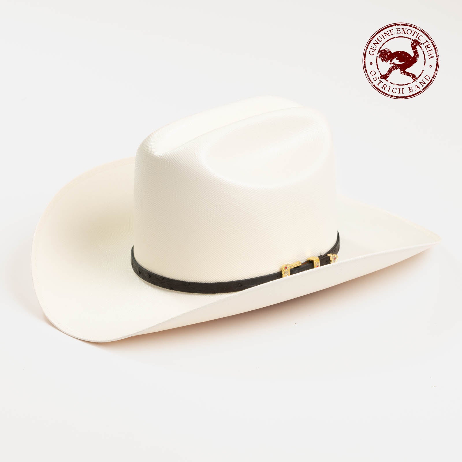 30X Corona Tall Crown black cowboy hat three-quarter angle - ostrich band in red is stamped in the top right corner of the photo