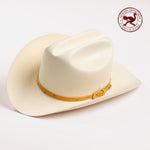 30X Corona Tall Crown buttercup cowboy hat three-quarter angle - ostrich band in red is stamped in the top right corner of the photo