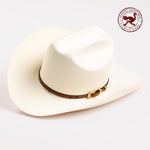 30X Corona Tall Crown cognac cowboy hat three-quarter angle - ostrich band in red is stamped in the top right corner of the photo