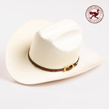 30X Corona Tall Crown cognac cowboy hat three-quarter angle - ostrich band in red is stamped in the top right corner of the photo