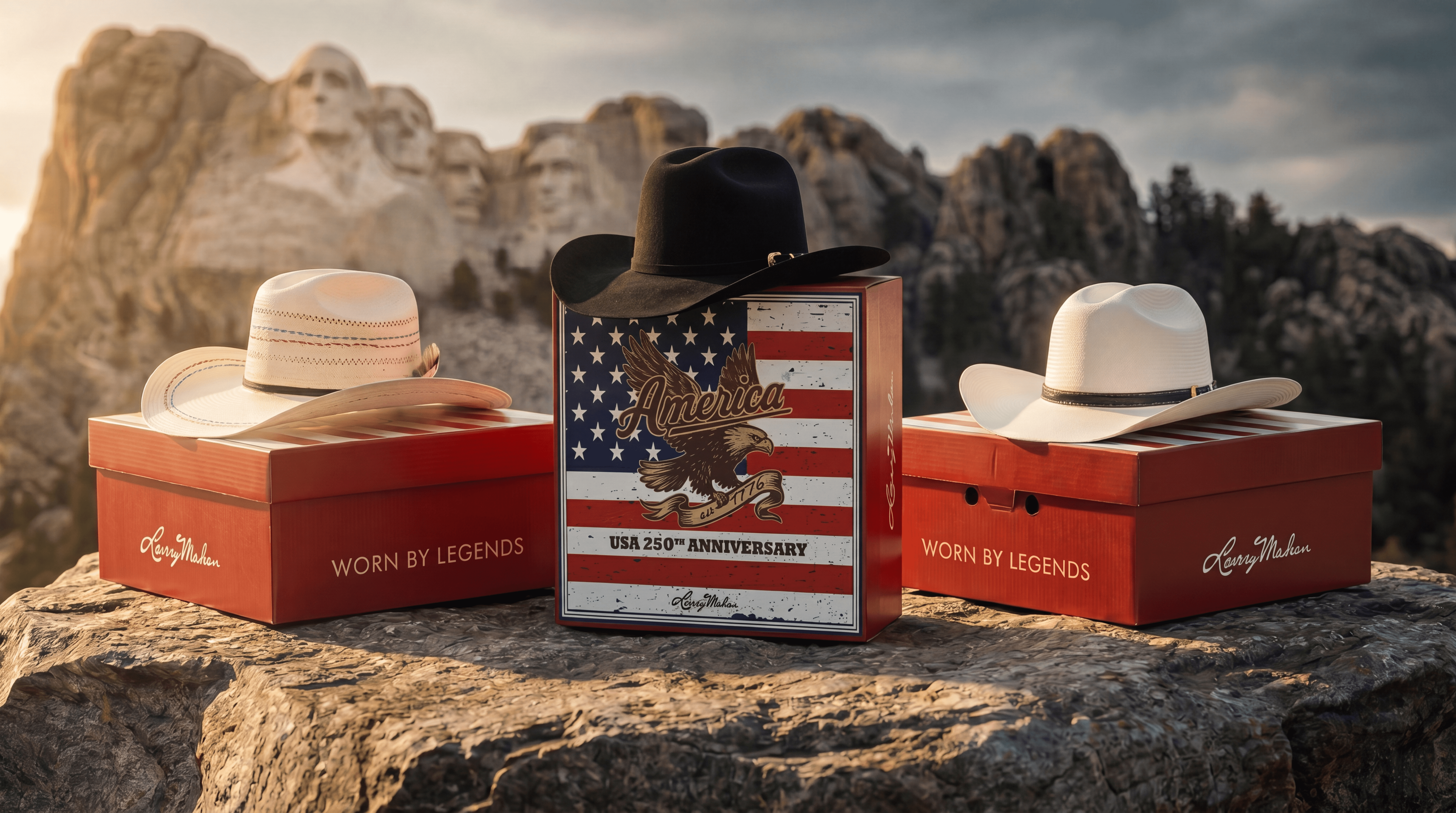 Three red Larry Mahan hat boxes with cowboy hats on a rocky surface with Mount Rushmore in the background