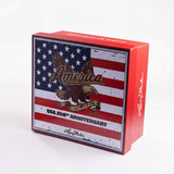 Red hat box with American flag design and eagle, featuring 'America' and 'USA 250th Anniversary' text
